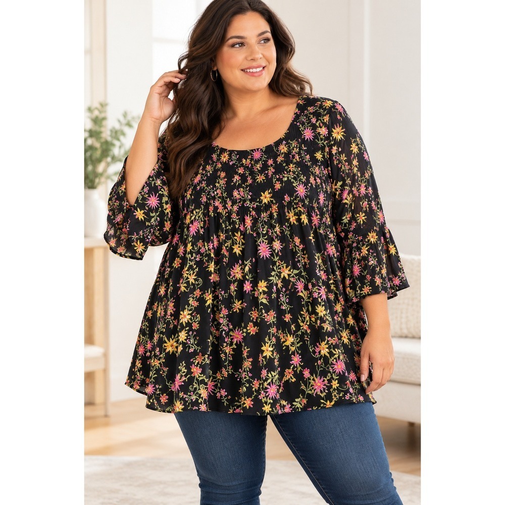 Terra & Sky Floral Babydoll Tunic 4X Black Rayon Swing Top Bell Sleeve Plus